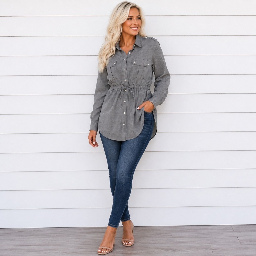 Black White Micro Gingham Cotton Utility Shirt Tunic Drawstring Waist